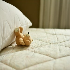 Matress and pillow with a stuffed bear